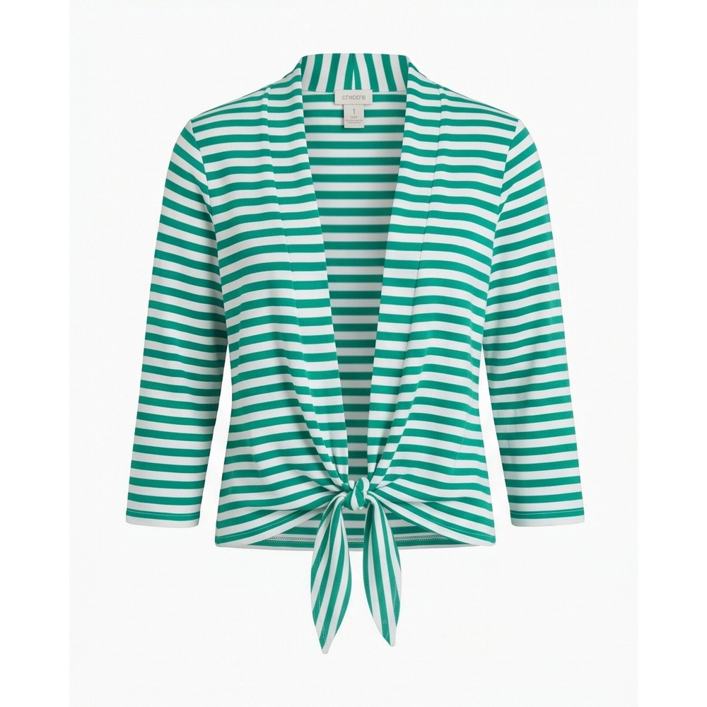 Chico's 1 Reese Tie Cardigan Top 3/4 Vivid Green Stripe Size Small/Medium NWT